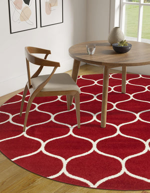 Red 5' 3 x 5' 3 Trellis Frieze Round Area Rug Geometric Modern Unique Stain Resistant Easy Clean Carpet for Living, Dining, Bedrooms, Office for Sale at Rug Engine