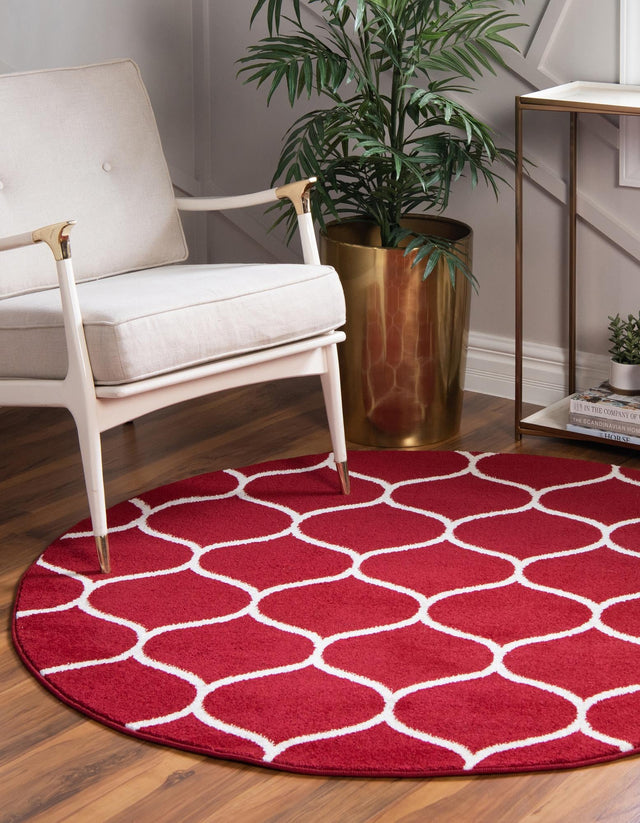 Red 5' 3 x 5' 3 Trellis Frieze Round Area Rug Geometric Modern Unique Stain Resistant Easy Clean Carpet for Living, Dining, Bedrooms, Office for Sale at Rug Engine