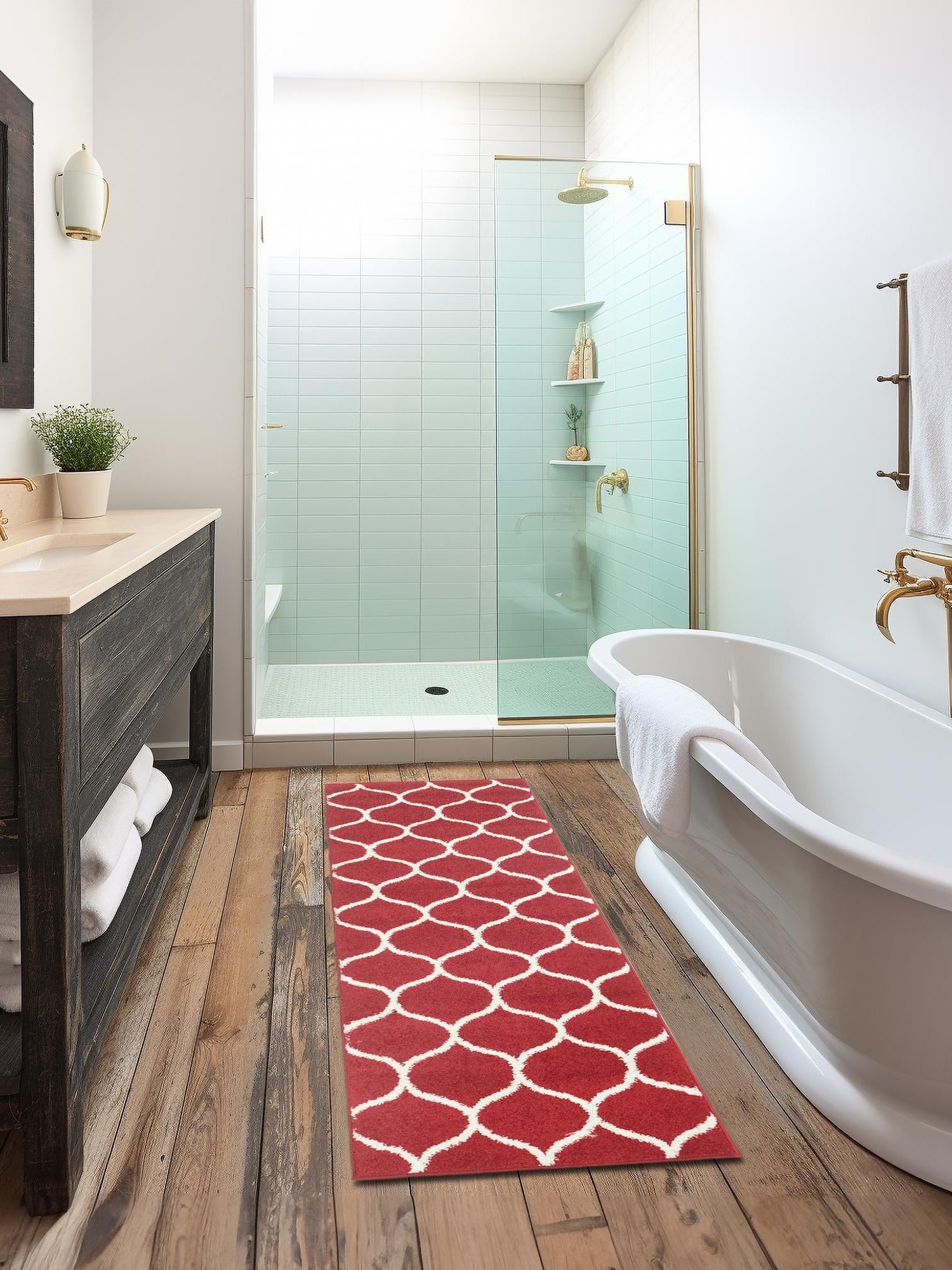 Red 2' 7 x 12' Trellis Frieze Runner Area Rug Geometric Modern Unique Stain Resistant Easy Clean Carpet for Living, Dining, Bedrooms, Office for Sale at Rug Engine