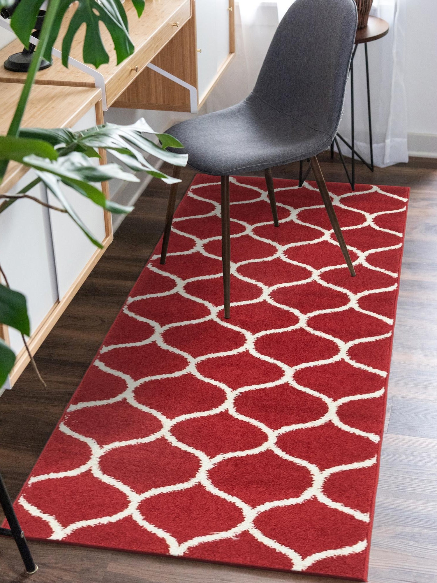 Red 2' x 13' 1 Trellis Frieze Runner Area Rug Geometric Modern Unique Stain Resistant Easy Clean Carpet for Living, Dining, Bedrooms, Office for Sale at Rug Engine