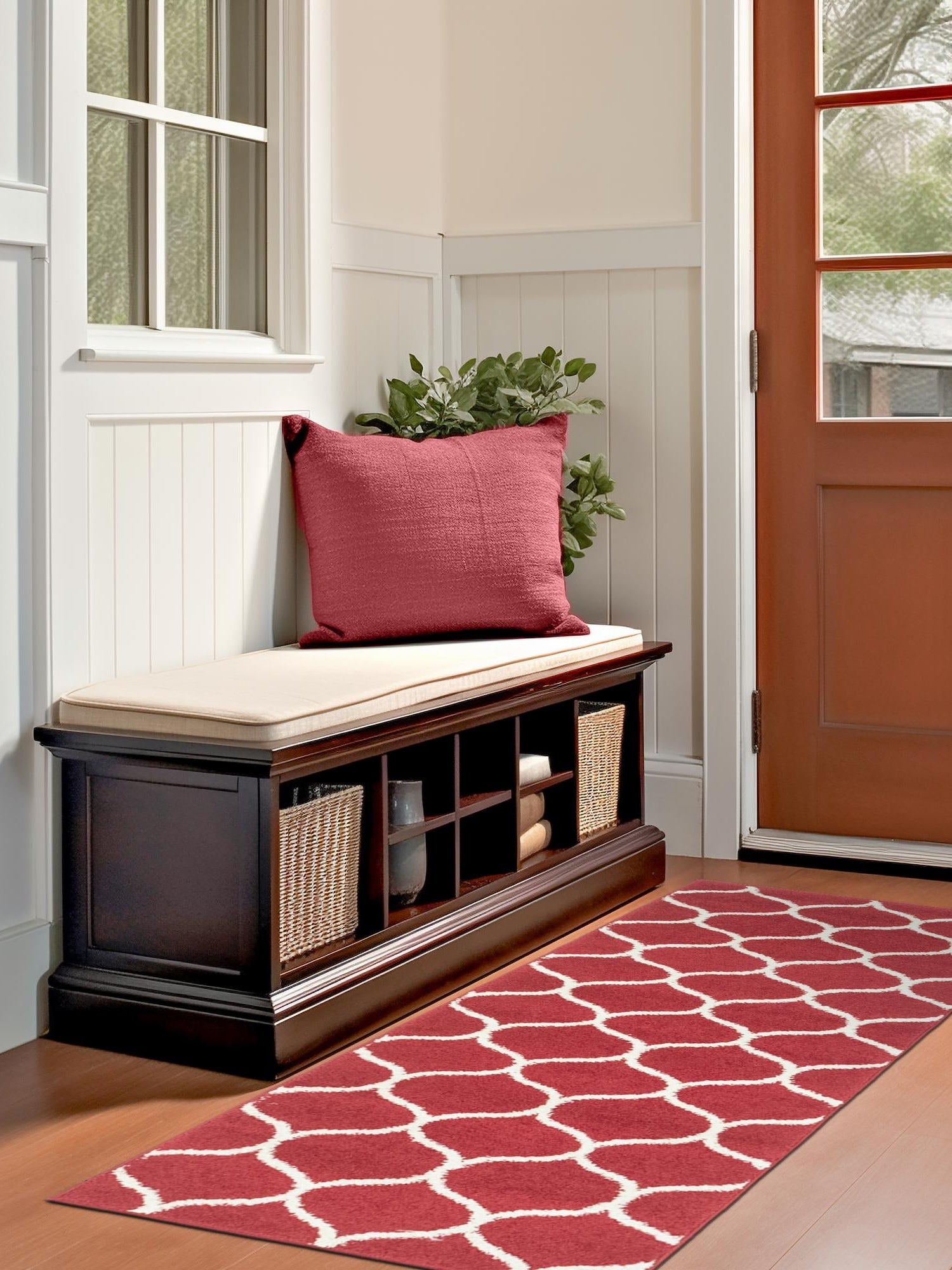 Red 2' 7 x 12' Trellis Frieze Runner Area Rug Geometric Modern Unique Stain Resistant Easy Clean Carpet for Living, Dining, Bedrooms, Office for Sale at Rug Engine
