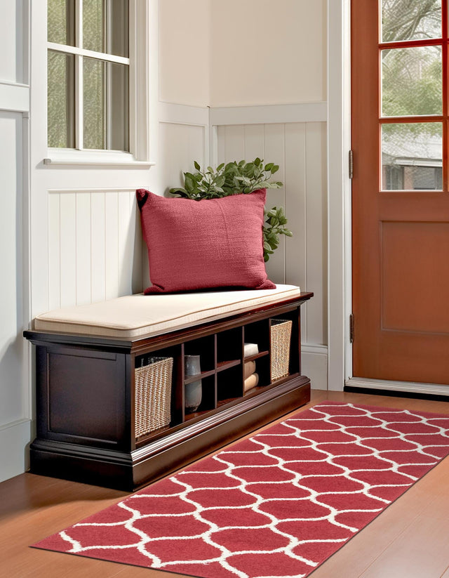 Red 2' x 9' Trellis Frieze Runner Area Rug Geometric Modern Unique Stain Resistant Easy Clean Carpet for Living, Dining, Bedrooms, Office for Sale at Rug Engine