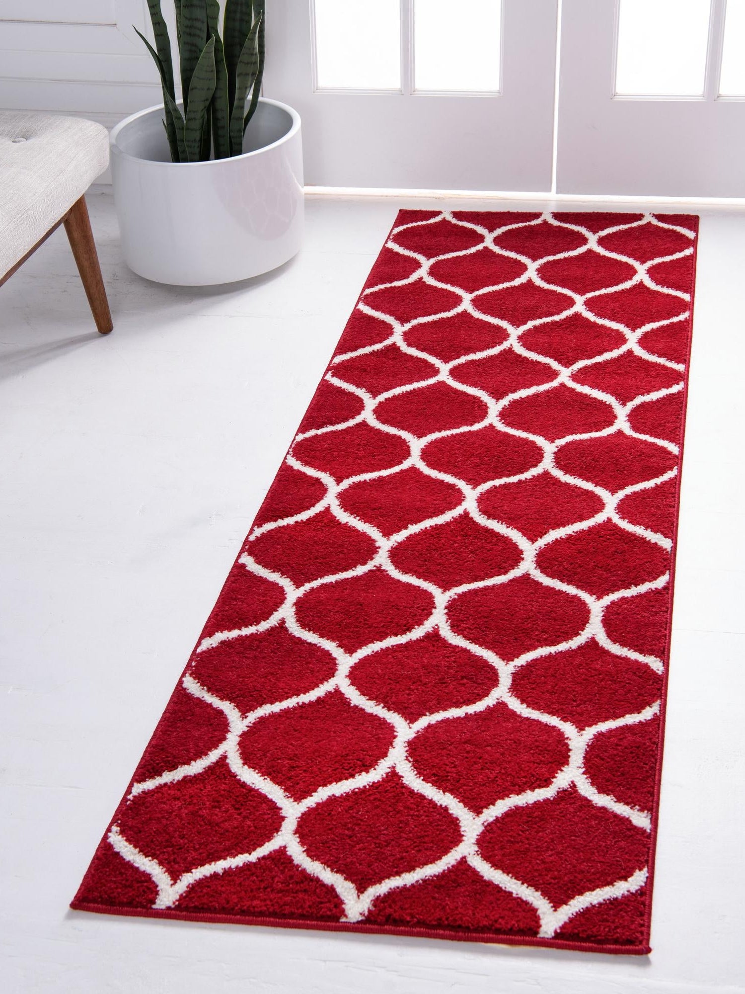 Red 2' x 13' 1 Trellis Frieze Runner Area Rug Geometric Modern Unique Stain Resistant Easy Clean Carpet for Living, Dining, Bedrooms, Office for Sale at Rug Engine