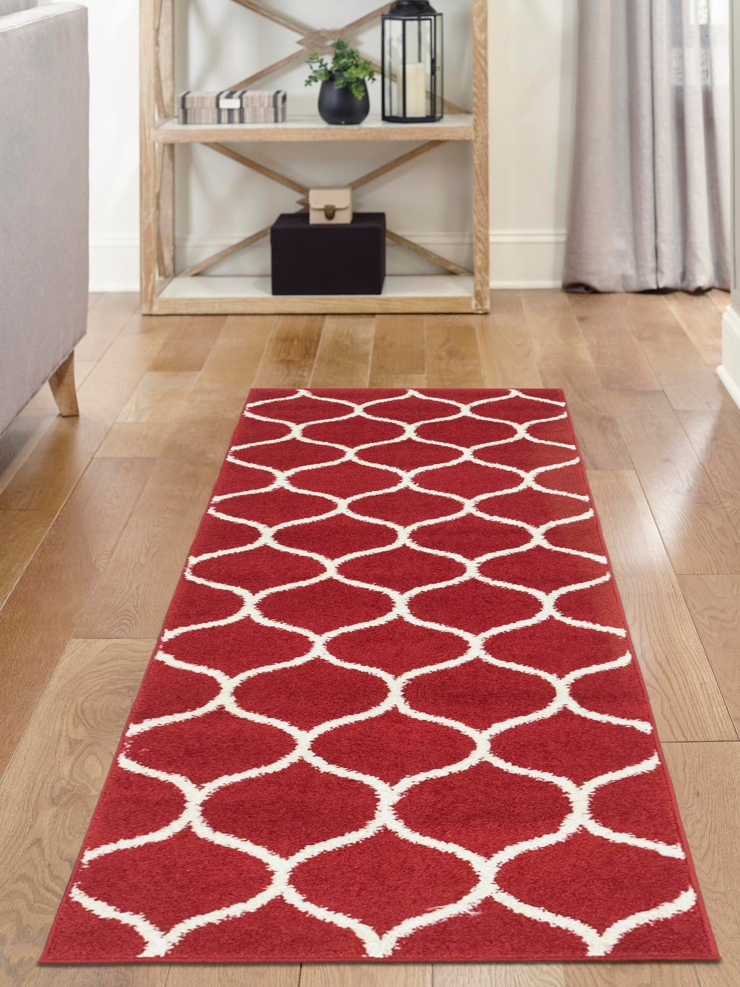 Red 2' x 9' Trellis Frieze Runner Area Rug Geometric Modern Unique Stain Resistant Easy Clean Carpet for Living, Dining, Bedrooms, Office for Sale at Rug Engine
