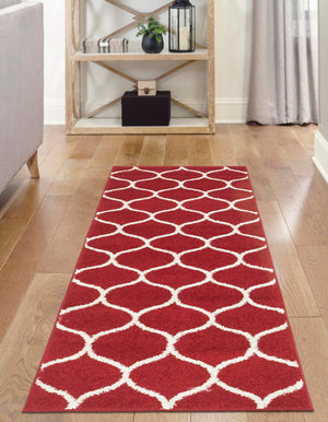 Red 2' x 9' Trellis Frieze Runner Area Rug Geometric Modern Unique Stain Resistant Easy Clean Carpet for Living, Dining, Bedrooms, Office for Sale at Rug Engine
