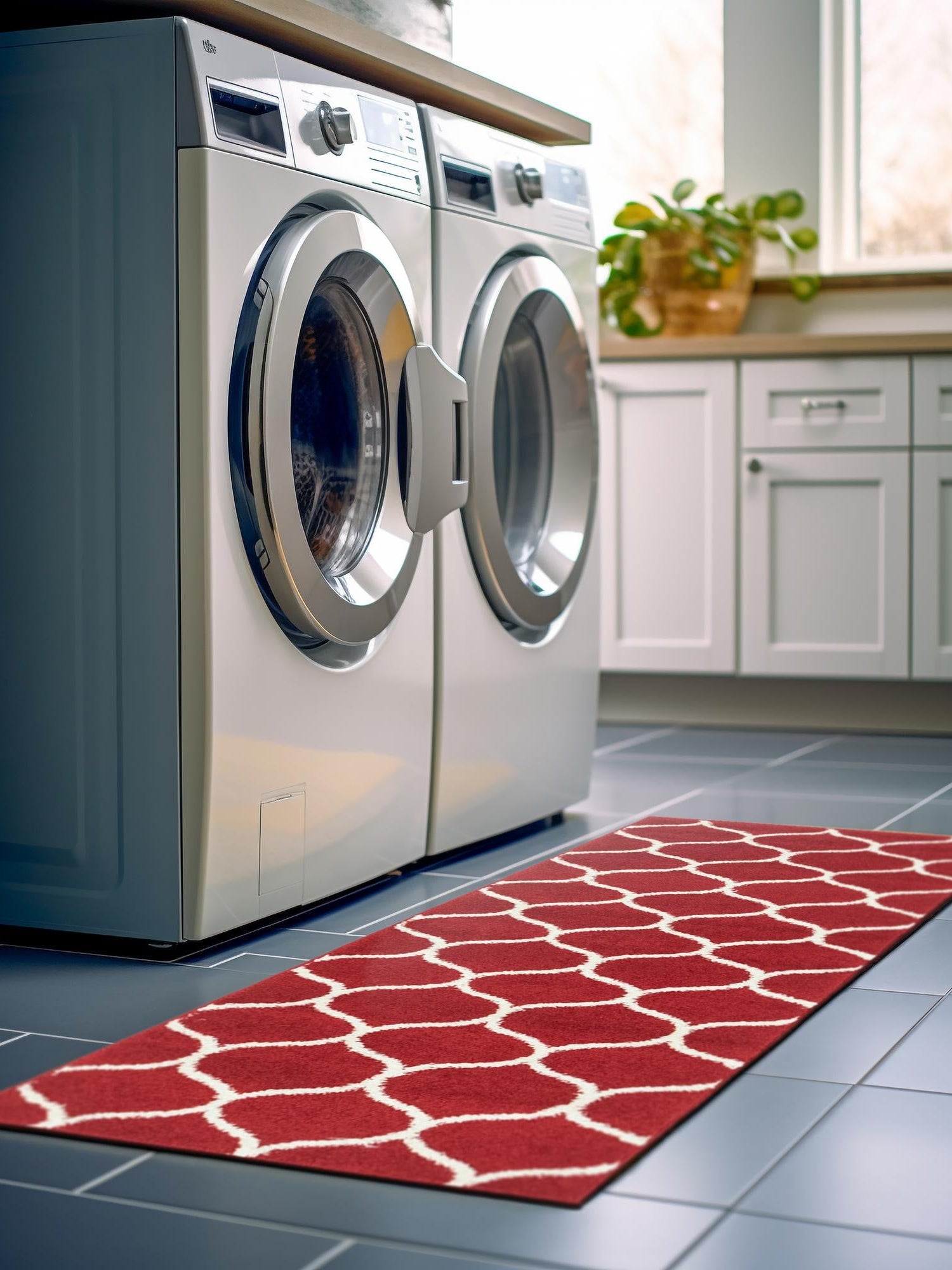 Red 2' x 9' Trellis Frieze Runner Area Rug Geometric Modern Unique Stain Resistant Easy Clean Carpet for Living, Dining, Bedrooms, Office for Sale at Rug Engine