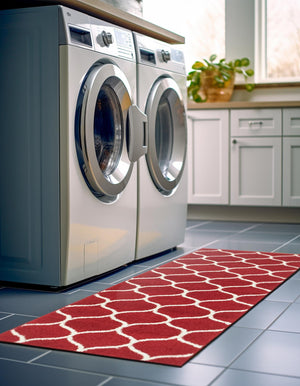 Red 2' x 9' Trellis Frieze Runner Area Rug Geometric Modern Unique Stain Resistant Easy Clean Carpet for Living, Dining, Bedrooms, Office for Sale at Rug Engine