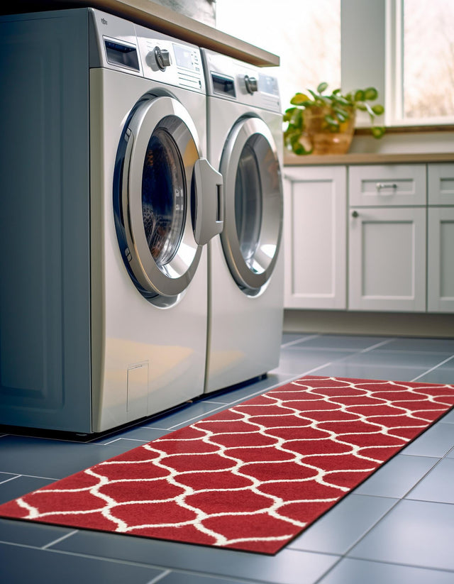 Red 2' x 9' Trellis Frieze Runner Area Rug Geometric Modern Unique Stain Resistant Easy Clean Carpet for Living, Dining, Bedrooms, Office for Sale at Rug Engine