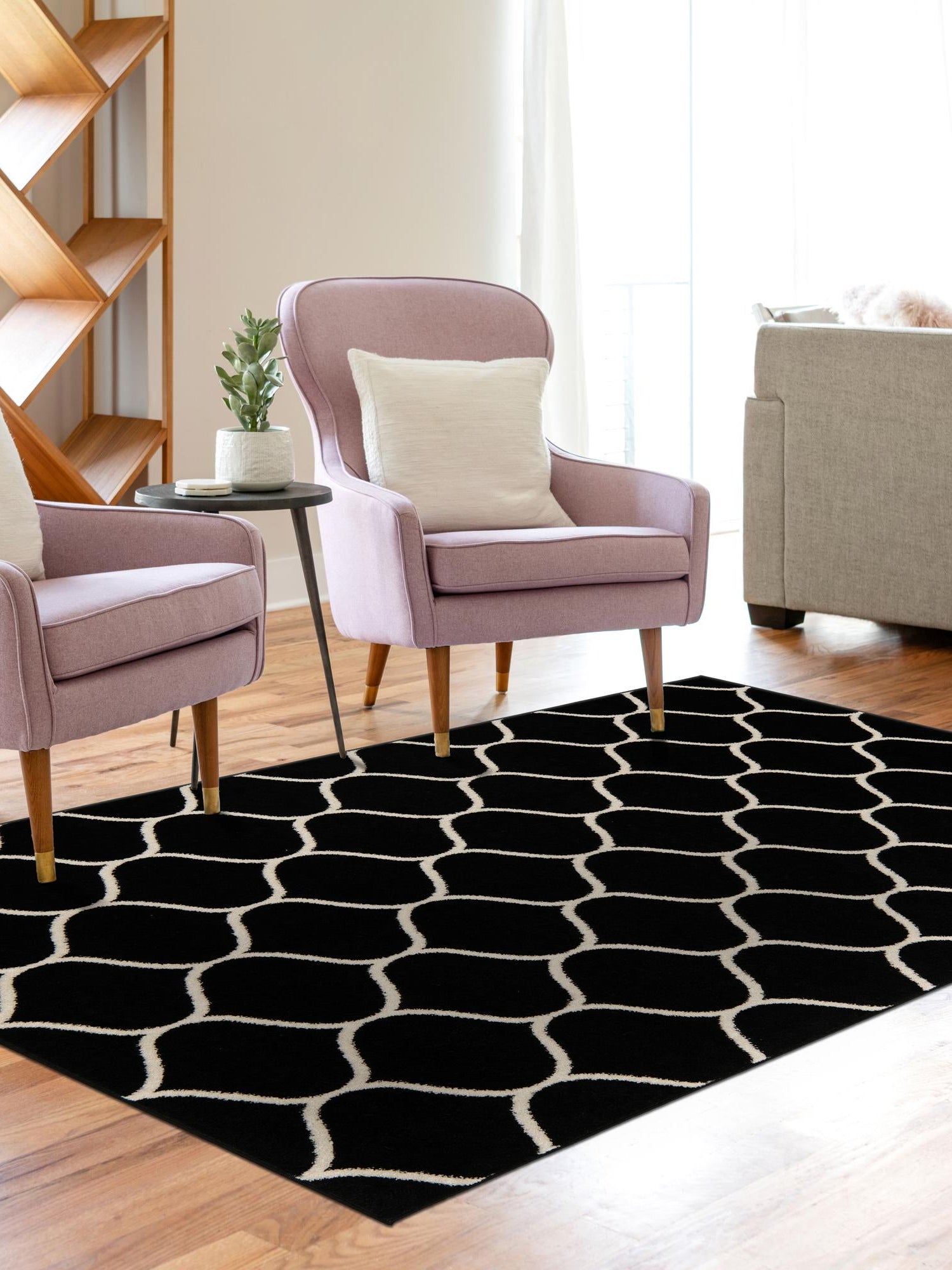 Black 3' 1 x 5' 3 Trellis Frieze Rectangle Area Rug Geometric Modern Unique Stain Resistant Easy Clean Carpet for Living, Dining, Bedrooms, Office for Sale at Rug Engine