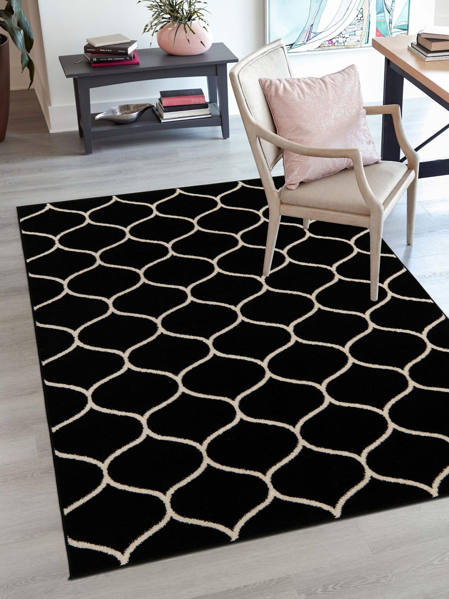 Black 5' 3 x 8' Trellis Frieze Rectangle Area Rug Geometric Modern Unique Stain Resistant Easy Clean Carpet for Living, Dining, Bedrooms, Office for Sale at Rug Engine