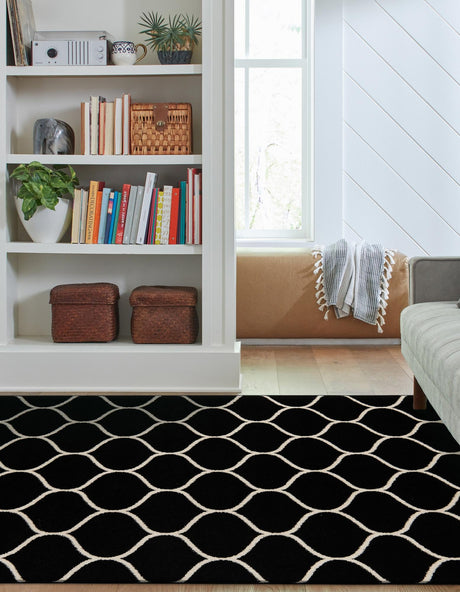 Black 4' 1 x 6' 1 Trellis Frieze Rectangle Area Rug Geometric Modern Unique Stain Resistant Easy Clean Carpet for Living, Dining, Bedrooms, Office for Sale at Rug Engine