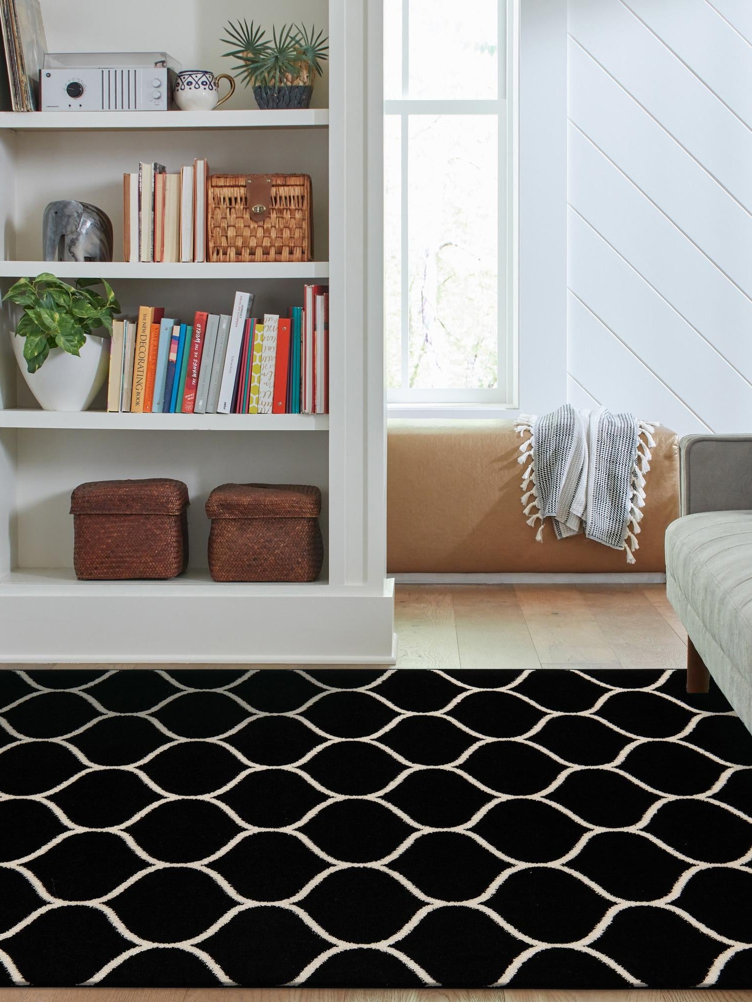 Black 9' x 12' Trellis Frieze Rectangle Area Rug Geometric Modern Unique Stain Resistant Easy Clean Carpet for Living, Dining, Bedrooms, Office for Sale at Rug Engine