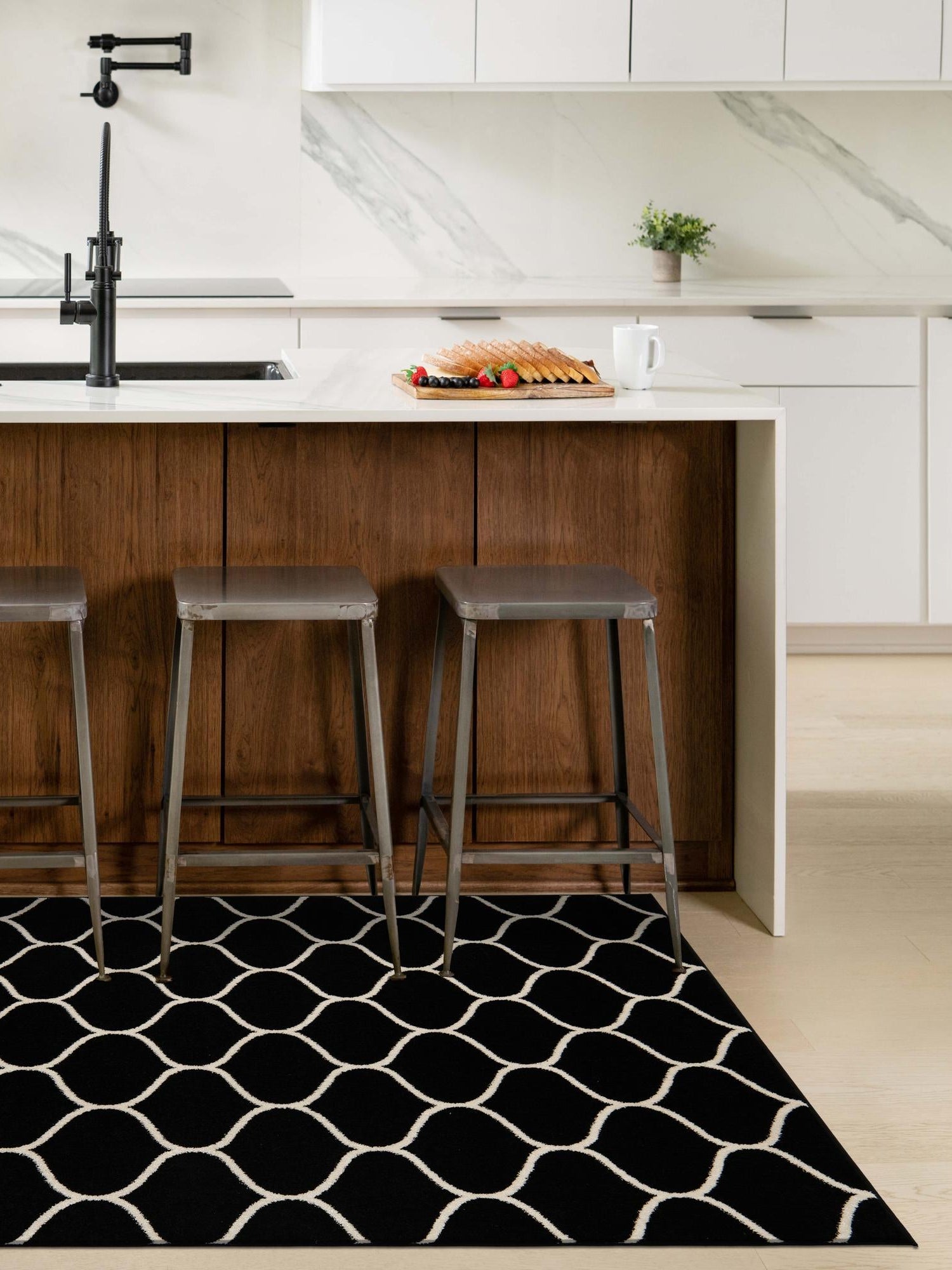 Black 4' 1 x 6' 1 Trellis Frieze Rectangle Area Rug Geometric Modern Unique Stain Resistant Easy Clean Carpet for Living, Dining, Bedrooms, Office for Sale at Rug Engine