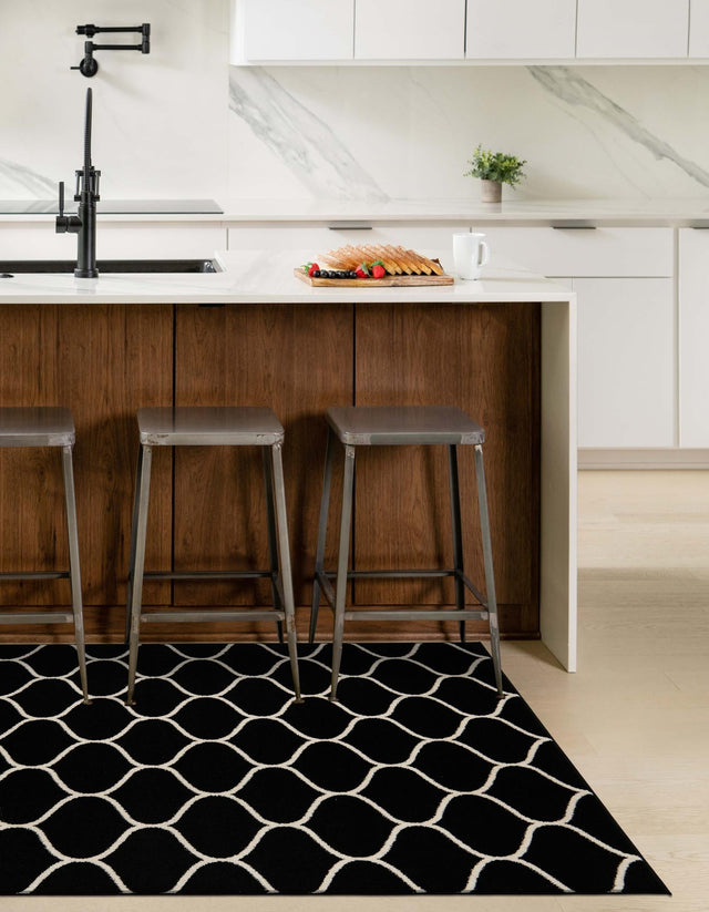Black 4' 1 x 6' 1 Trellis Frieze Rectangle Area Rug Geometric Modern Unique Stain Resistant Easy Clean Carpet for Living, Dining, Bedrooms, Office for Sale at Rug Engine