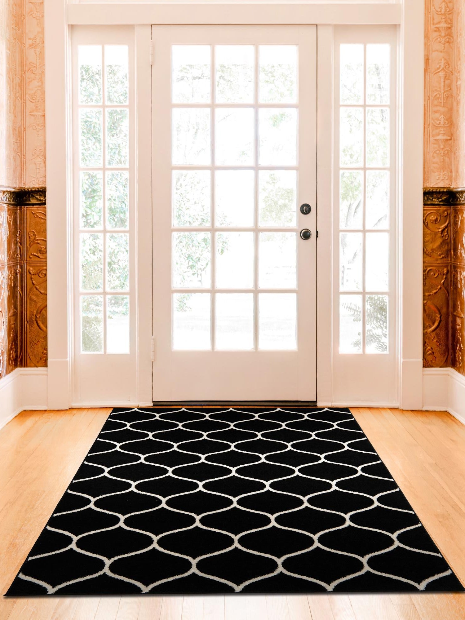 Black 4' 1 x 6' 1 Trellis Frieze Rectangle Area Rug Geometric Modern Unique Stain Resistant Easy Clean Carpet for Living, Dining, Bedrooms, Office for Sale at Rug Engine