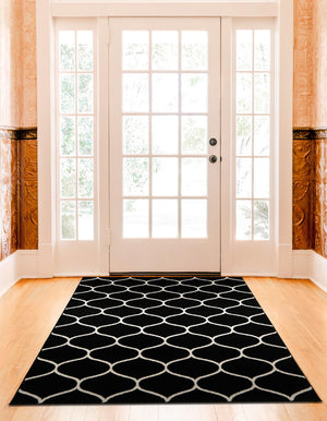 Black 4' 1 x 6' 1 Trellis Frieze Rectangle Area Rug Geometric Modern Unique Stain Resistant Easy Clean Carpet for Living, Dining, Bedrooms, Office for Sale at Rug Engine