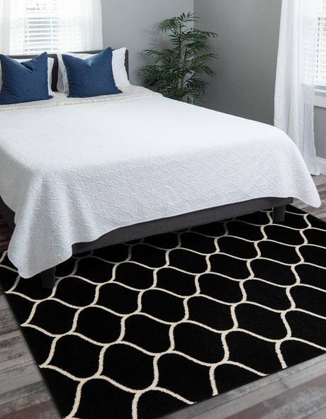 Black 4' 1 x 6' 1 Trellis Frieze Rectangle Area Rug Geometric Modern Unique Stain Resistant Easy Clean Carpet for Living, Dining, Bedrooms, Office for Sale at Rug Engine