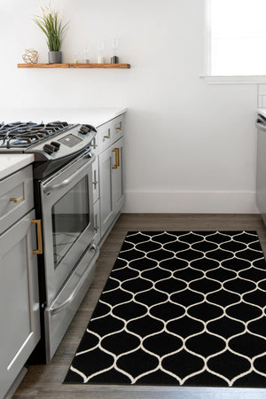 Black 4' 1 x 6' 1 Trellis Frieze Rectangle Area Rug Geometric Modern Unique Stain Resistant Easy Clean Carpet for Living, Dining, Bedrooms, Office for Sale at Rug Engine