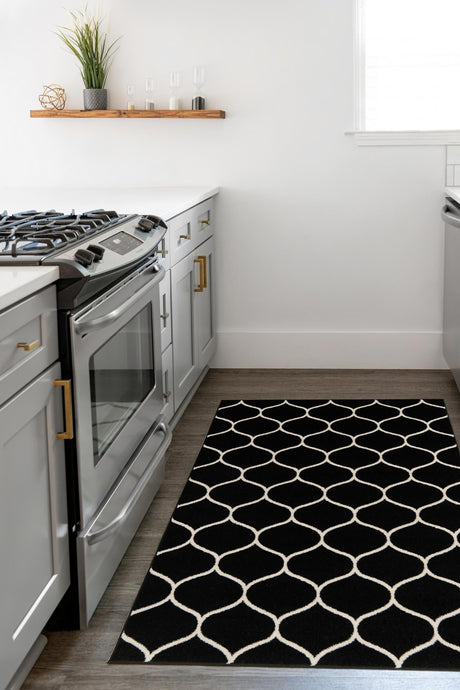 Black 4' 1 x 6' 1 Trellis Frieze Rectangle Area Rug Geometric Modern Unique Stain Resistant Easy Clean Carpet for Living, Dining, Bedrooms, Office for Sale at Rug Engine