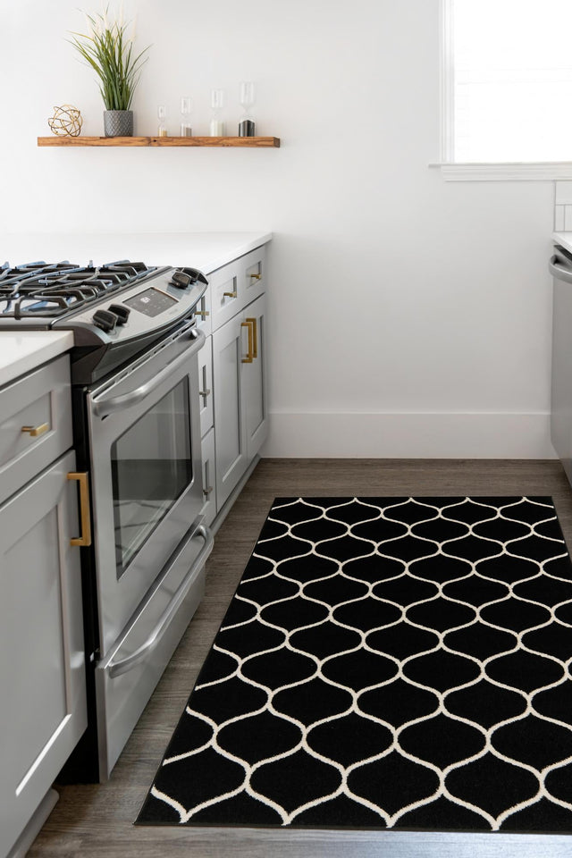 Black 4' 1 x 6' 1 Trellis Frieze Rectangle Area Rug Geometric Modern Unique Stain Resistant Easy Clean Carpet for Living, Dining, Bedrooms, Office for Sale at Rug Engine