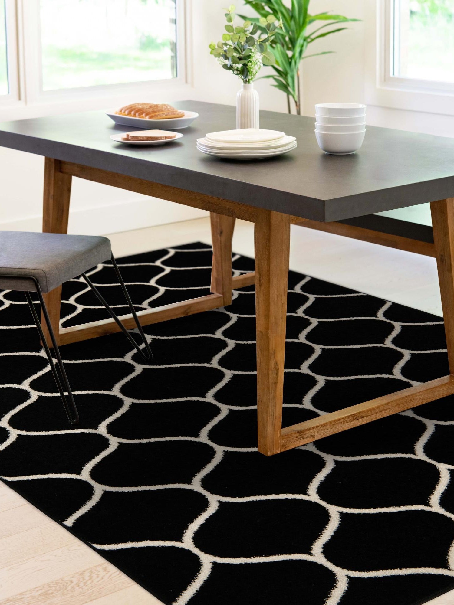 Black 5' 3 x 8' Trellis Frieze Rectangle Area Rug Geometric Modern Unique Stain Resistant Easy Clean Carpet for Living, Dining, Bedrooms, Office for Sale at Rug Engine