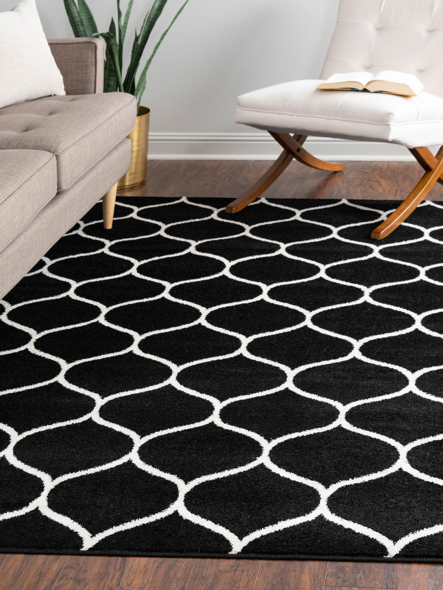 Black 9' x 12' Trellis Frieze Rectangle Area Rug Geometric Modern Unique Stain Resistant Easy Clean Carpet for Living, Dining, Bedrooms, Office for Sale at Rug Engine