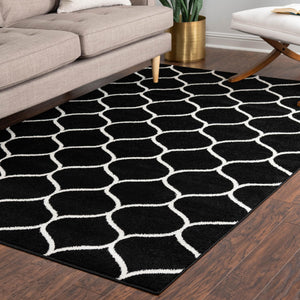 Black 2' x 3' 1 Trellis Frieze Rectangle Area Rug Geometric Modern Unique Stain Resistant Easy Clean Carpet for Living, Dining, Bedrooms, Office for Sale at Rug Engine