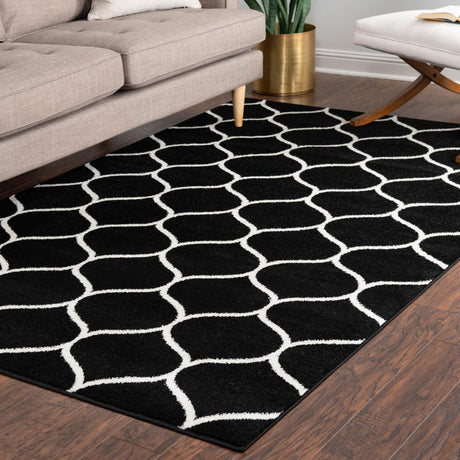 Black 9' x 12' Trellis Frieze Rectangle Area Rug Geometric Modern Unique Stain Resistant Easy Clean Carpet for Living, Dining, Bedrooms, Office for Sale at Rug Engine