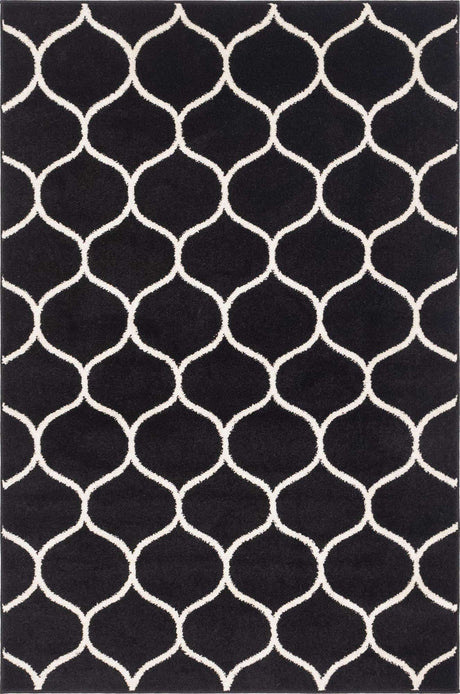 Black 4' 1 x 6' 1 Trellis Frieze Rectangle Area Rug Geometric Modern Unique Stain Resistant Easy Clean Carpet for Living, Dining, Bedrooms, Office for Sale at Rug Engine
