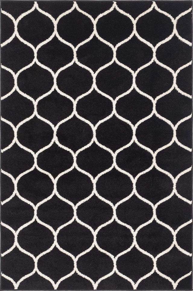 Black 4' 1 x 6' 1 Trellis Frieze Rectangle Area Rug Geometric Modern Unique Stain Resistant Easy Clean Carpet for Living, Dining, Bedrooms, Office for Sale at Rug Engine