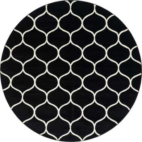 Black 7' 10 x 7' 10 Trellis Frieze Round Area Rug Geometric Modern Unique Stain Resistant Easy Clean Carpet for Living, Dining, Bedrooms, Office for Sale at Rug Engine