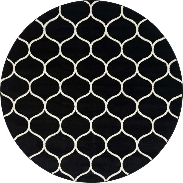 Black 7' 10 x 7' 10 Trellis Frieze Round Area Rug Geometric Modern Unique Stain Resistant Easy Clean Carpet for Living, Dining, Bedrooms, Office for Sale at Rug Engine