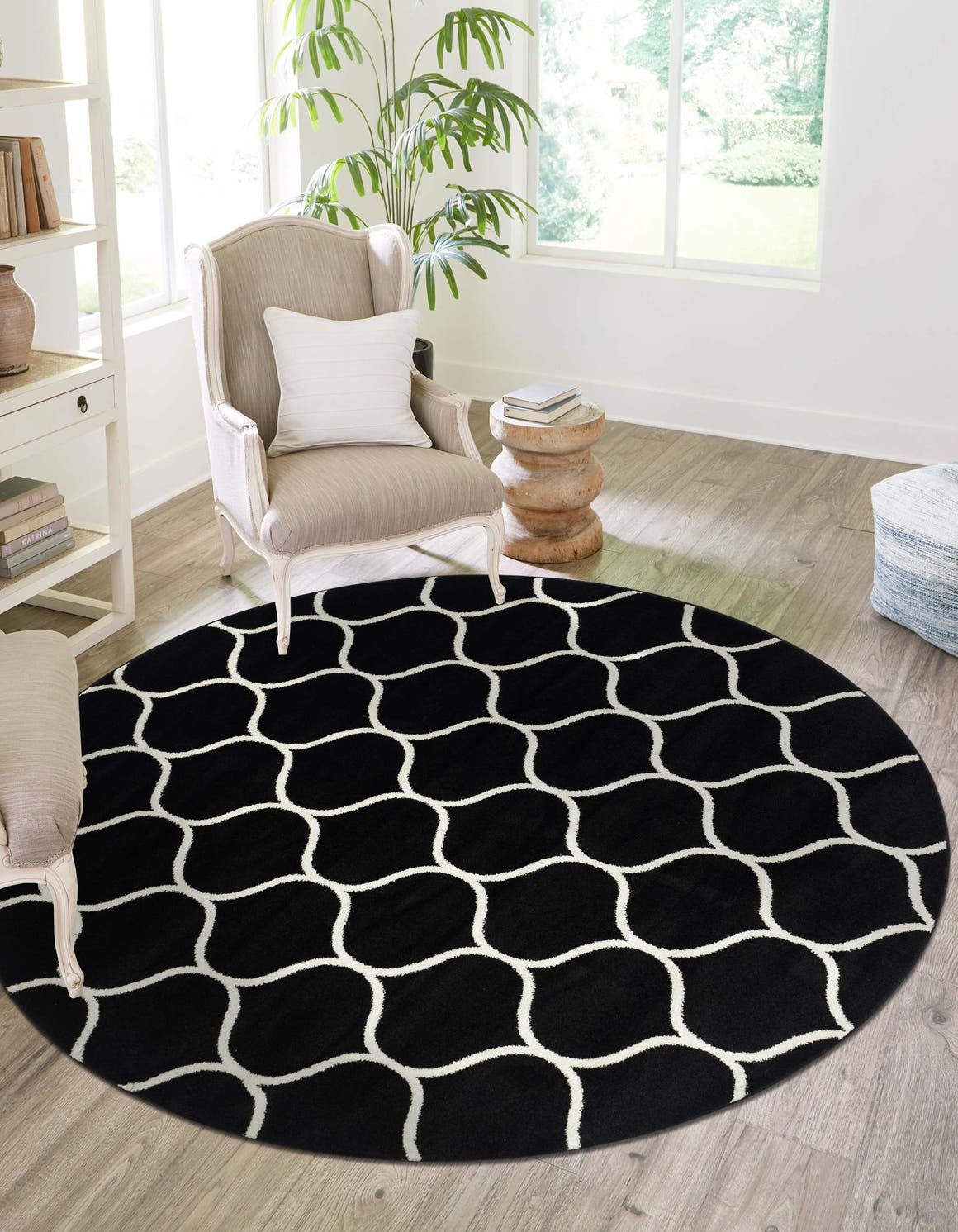 Black 5' 3 x 5' 3 Trellis Frieze Round Area Rug Geometric Modern Unique Stain Resistant Easy Clean Carpet for Living, Dining, Bedrooms, Office for Sale at Rug Engine