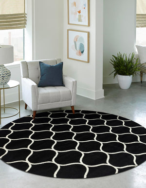 Black 7' 10 x 7' 10 Trellis Frieze Round Area Rug Geometric Modern Unique Stain Resistant Easy Clean Carpet for Living, Dining, Bedrooms, Office for Sale at Rug Engine