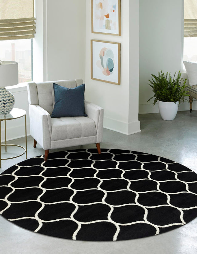 Black 7' 10 x 7' 10 Trellis Frieze Round Area Rug Geometric Modern Unique Stain Resistant Easy Clean Carpet for Living, Dining, Bedrooms, Office for Sale at Rug Engine