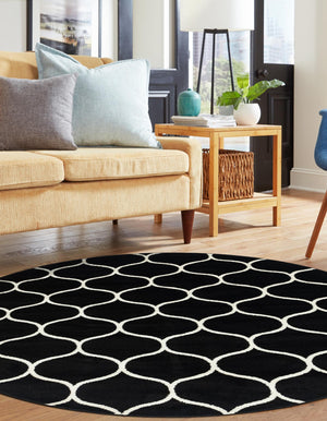 Black 7' 10 x 7' 10 Trellis Frieze Round Area Rug Geometric Modern Unique Stain Resistant Easy Clean Carpet for Living, Dining, Bedrooms, Office for Sale at Rug Engine