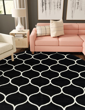 Black 7' 10 x 7' 10 Trellis Frieze Round Area Rug Geometric Modern Unique Stain Resistant Easy Clean Carpet for Living, Dining, Bedrooms, Office for Sale at Rug Engine