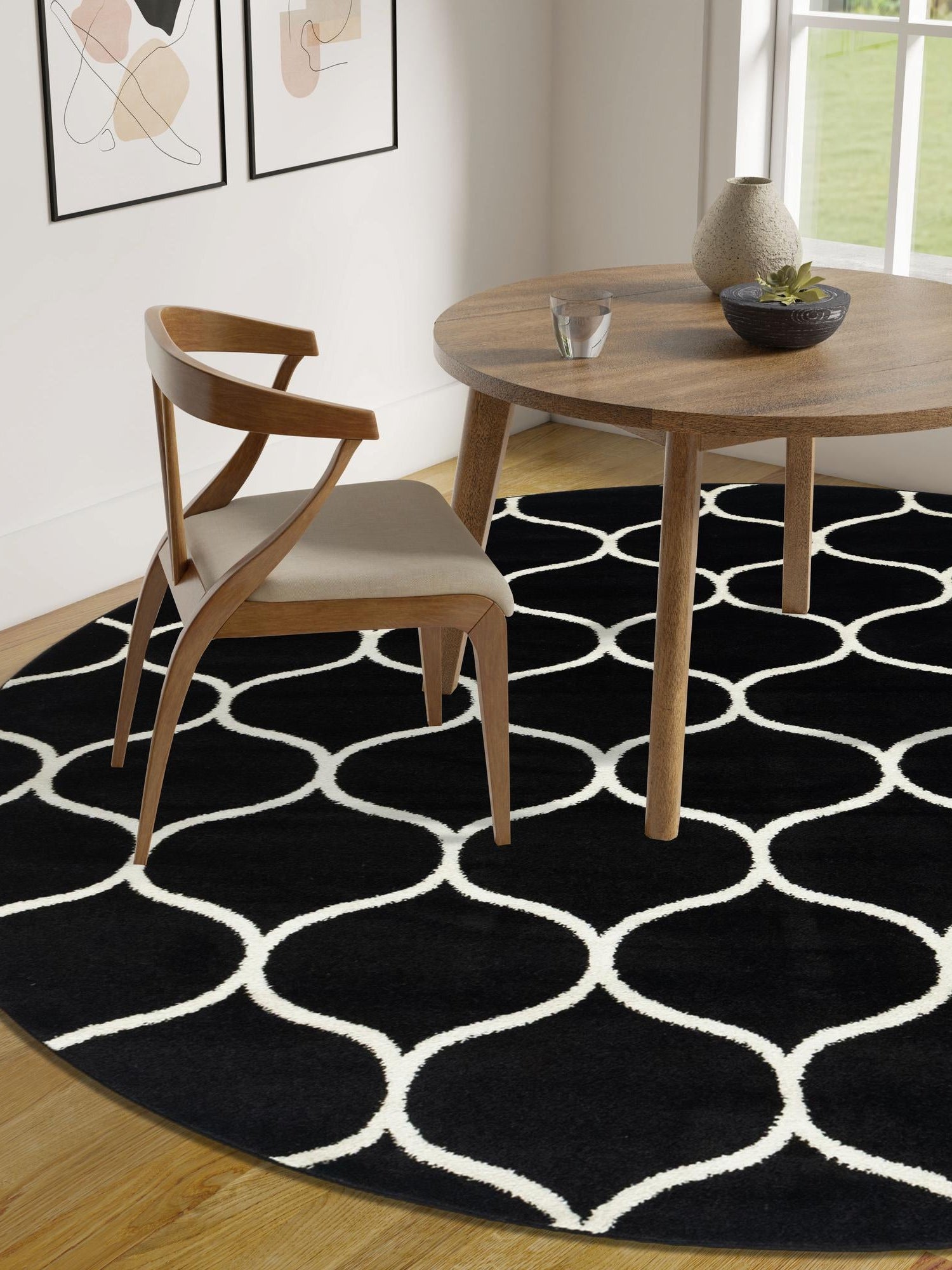 Black 7' 10 x 7' 10 Trellis Frieze Round Area Rug Geometric Modern Unique Stain Resistant Easy Clean Carpet for Living, Dining, Bedrooms, Office for Sale at Rug Engine