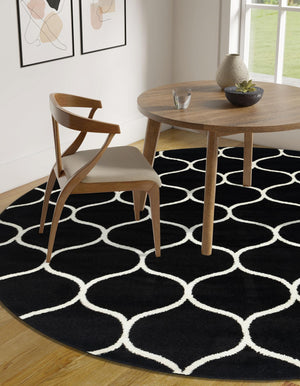 Black 7' 10 x 7' 10 Trellis Frieze Round Area Rug Geometric Modern Unique Stain Resistant Easy Clean Carpet for Living, Dining, Bedrooms, Office for Sale at Rug Engine
