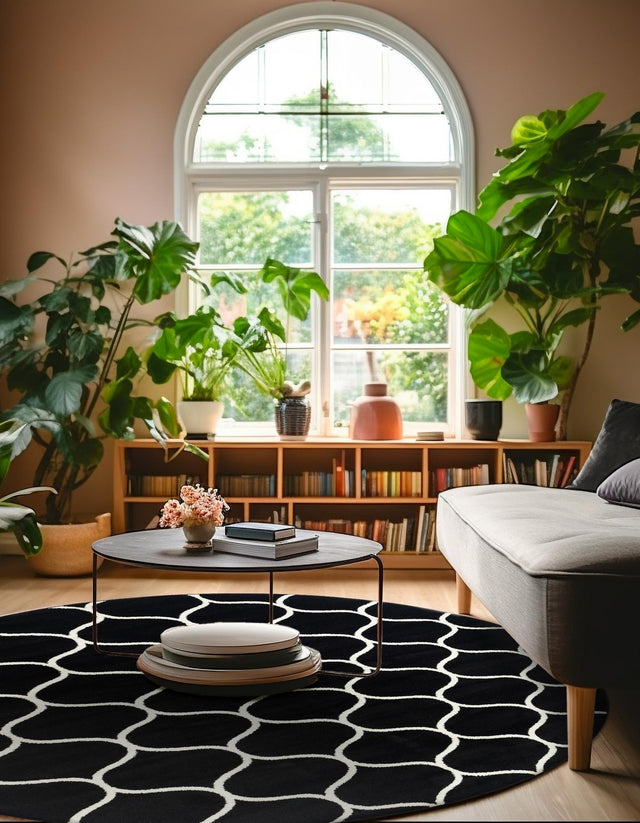Black 5' 3 x 5' 3 Trellis Frieze Round Area Rug Geometric Modern Unique Stain Resistant Easy Clean Carpet for Living, Dining, Bedrooms, Office for Sale at Rug Engine