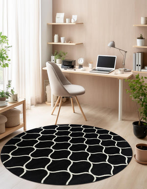 Black 5' 3 x 5' 3 Trellis Frieze Round Area Rug Geometric Modern Unique Stain Resistant Easy Clean Carpet for Living, Dining, Bedrooms, Office for Sale at Rug Engine