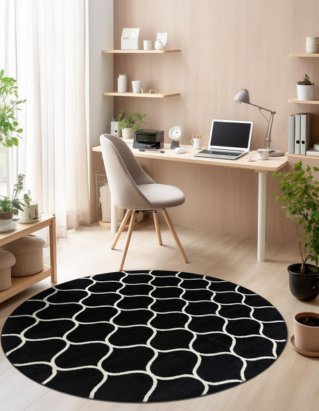 Black 7' 10 x 7' 10 Trellis Frieze Round Area Rug Geometric Modern Unique Stain Resistant Easy Clean Carpet for Living, Dining, Bedrooms, Office for Sale at Rug Engine
