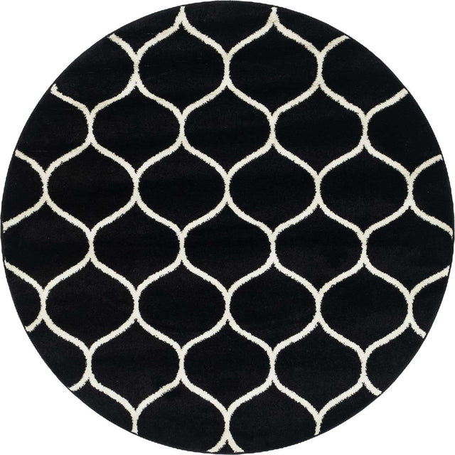 Black 5' 3 x 5' 3 Trellis Frieze Round Area Rug Geometric Modern Unique Stain Resistant Easy Clean Carpet for Living, Dining, Bedrooms, Office for Sale at Rug Engine