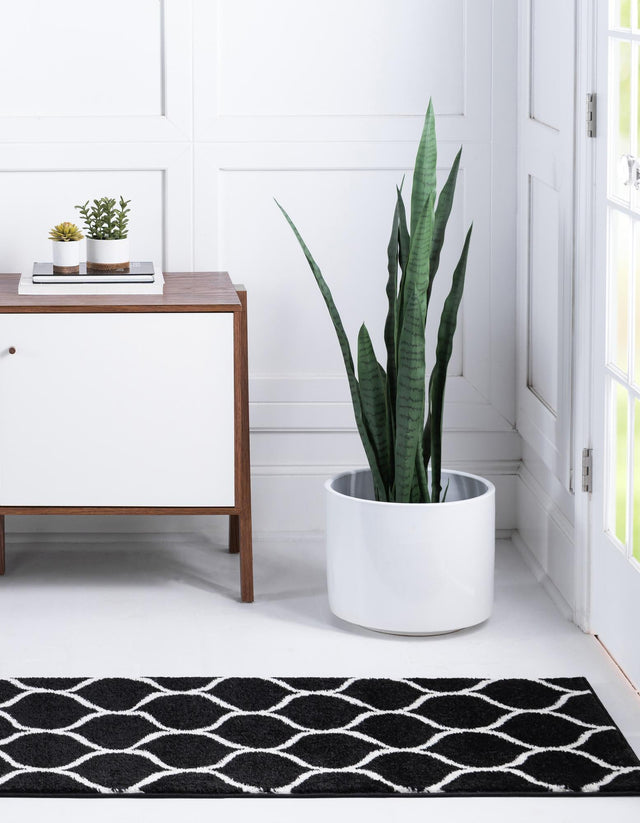 Black 2' x 9' Trellis Frieze Runner Area Rug Geometric Modern Unique Stain Resistant Easy Clean Carpet for Living, Dining, Bedrooms, Office for Sale at Rug Engine