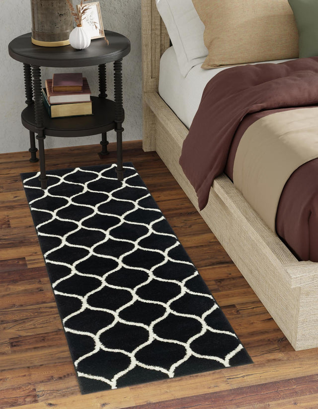 Black 2' x 13' 1 Trellis Frieze Runner Area Rug Geometric Modern Unique Stain Resistant Easy Clean Carpet for Living, Dining, Bedrooms, Office for Sale at Rug Engine