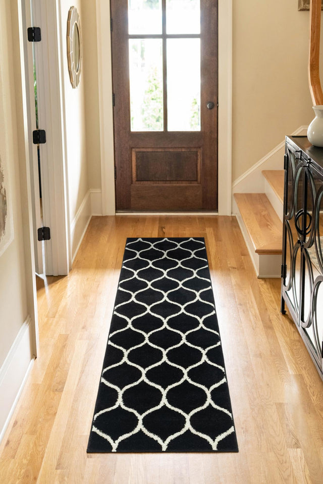 Black 2' x 9' Trellis Frieze Runner Area Rug Geometric Modern Unique Stain Resistant Easy Clean Carpet for Living, Dining, Bedrooms, Office for Sale at Rug Engine