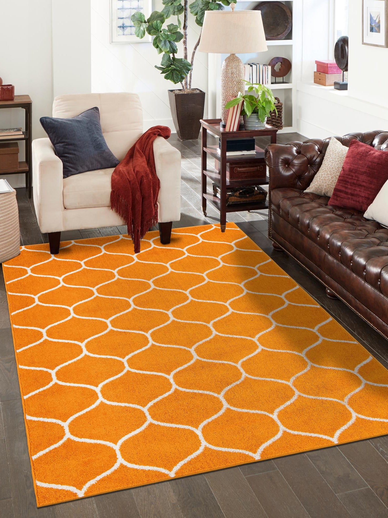 Orange 7' 1 x 10' Trellis Frieze Rectangle Area Rug Geometric Modern Unique Stain Resistant Easy Clean Carpet for Living, Dining, Bedrooms, Office for Sale at Rug Engine