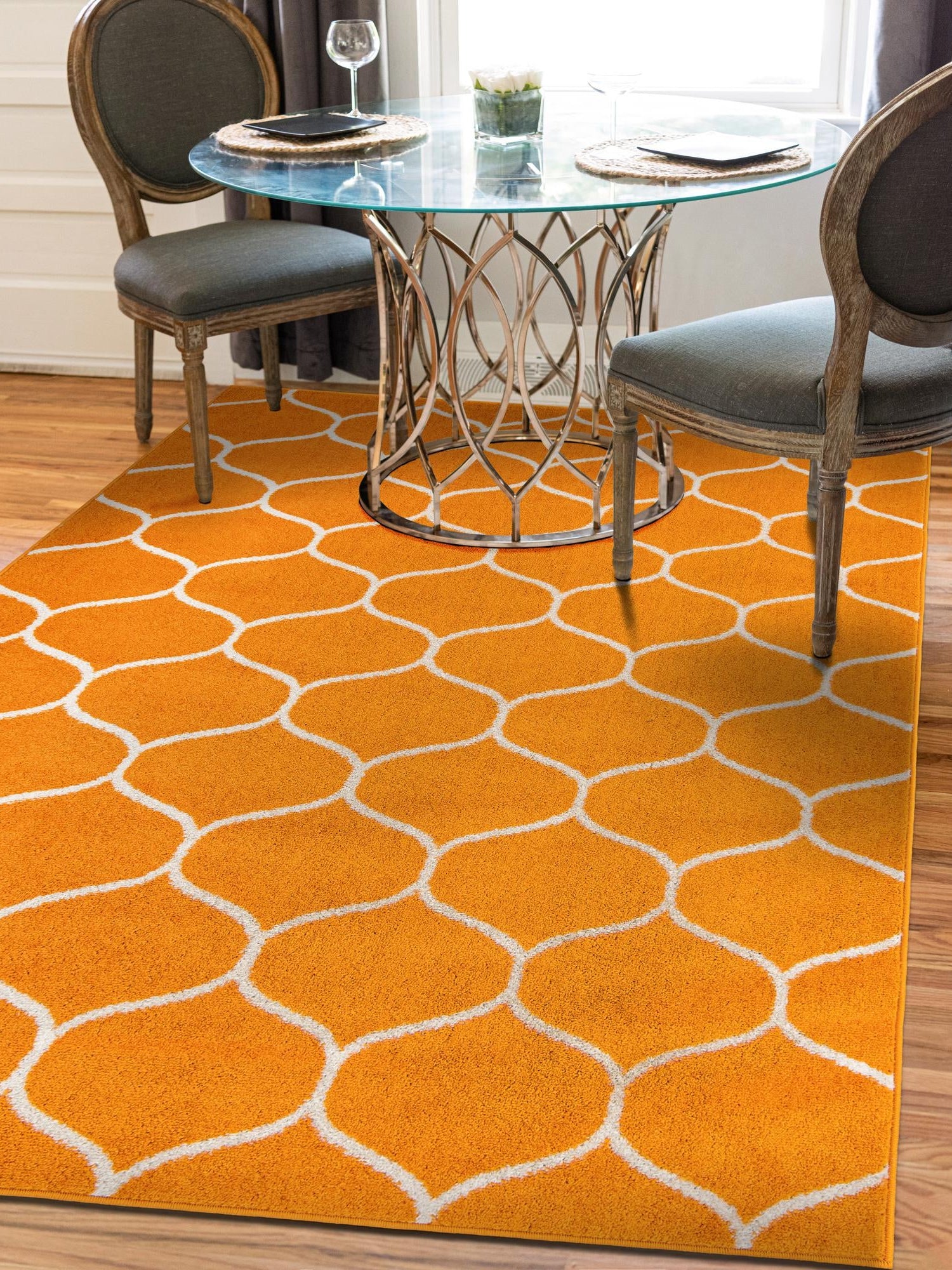 Orange 7' 10 x 11' Trellis Frieze Rectangle Area Rug Geometric Modern Unique Stain Resistant Easy Clean Carpet for Living, Dining, Bedrooms, Office for Sale at Rug Engine