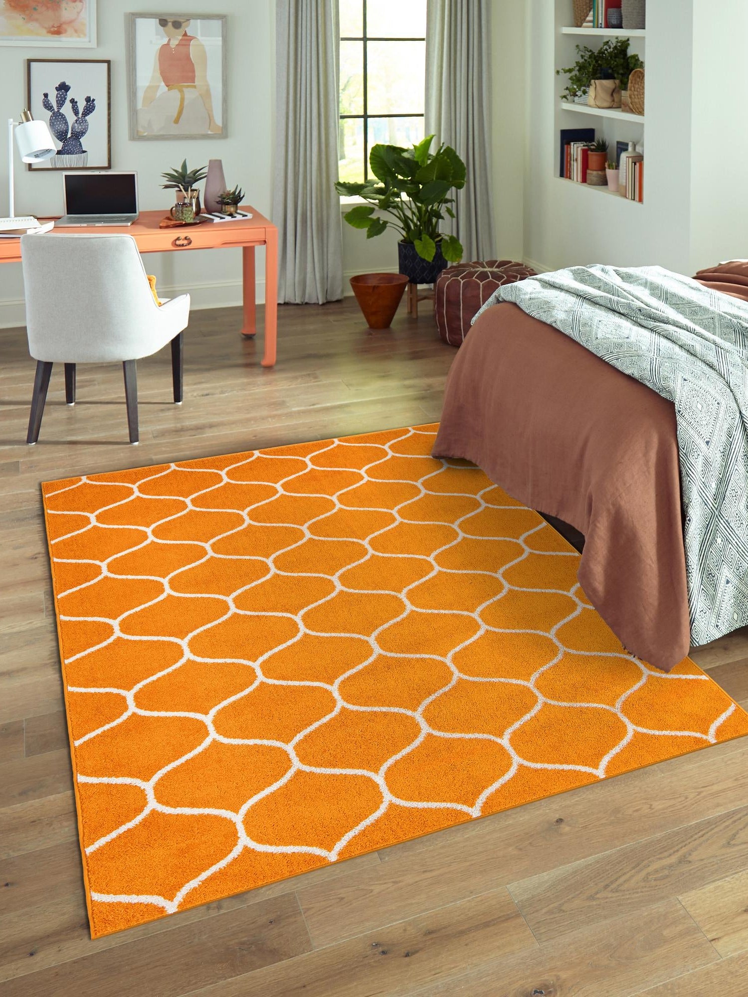 Orange 9' x 12' Trellis Frieze Rectangle Area Rug Geometric Modern Unique Stain Resistant Easy Clean Carpet for Living, Dining, Bedrooms, Office for Sale at Rug Engine