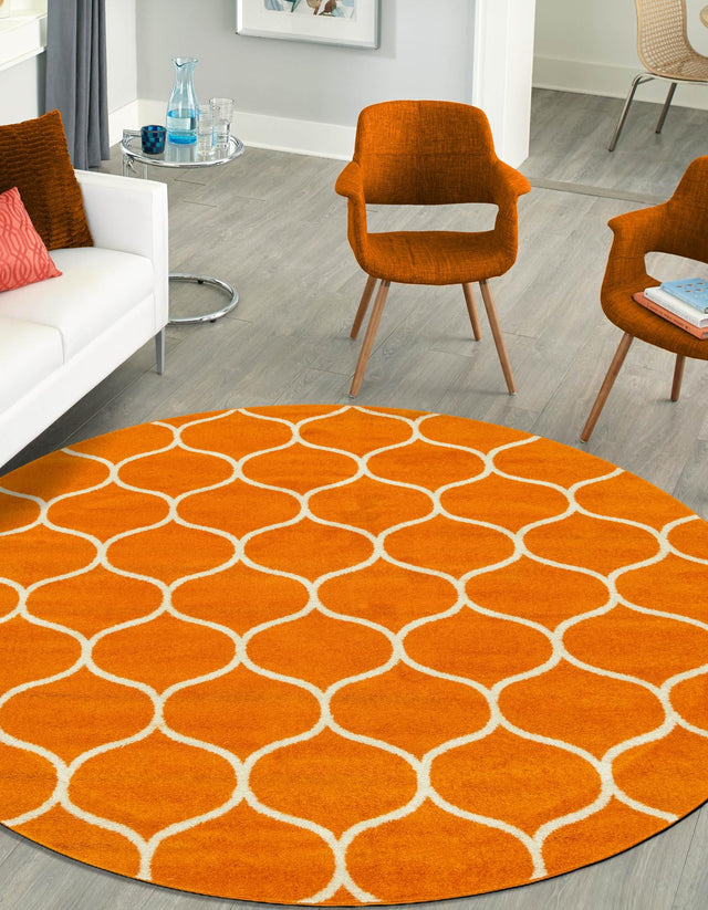 Orange 3' 1 x 3' 1 Trellis Frieze Round Area Rug Geometric Modern Unique Stain Resistant Easy Clean Carpet for Living, Dining, Bedrooms, Office for Sale at Rug Engine